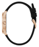 GUESS Ladies Black Rose Gold Tone Analog Watch with black strap and gold case on a white background