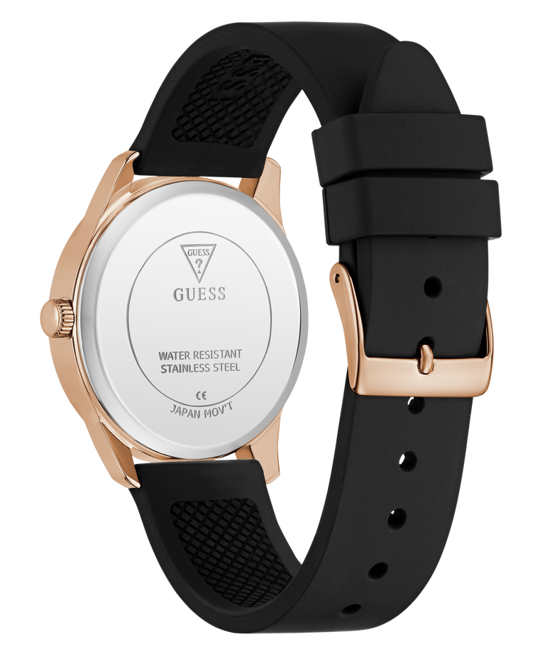 Black watch with rose gold case and black strap on a white background