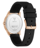 Black watch with rose gold case and black strap on a white background