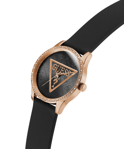 GUESS Ladies Black Rose Gold Tone Analog Watch with black strap and rose gold case on a white background lifestyle