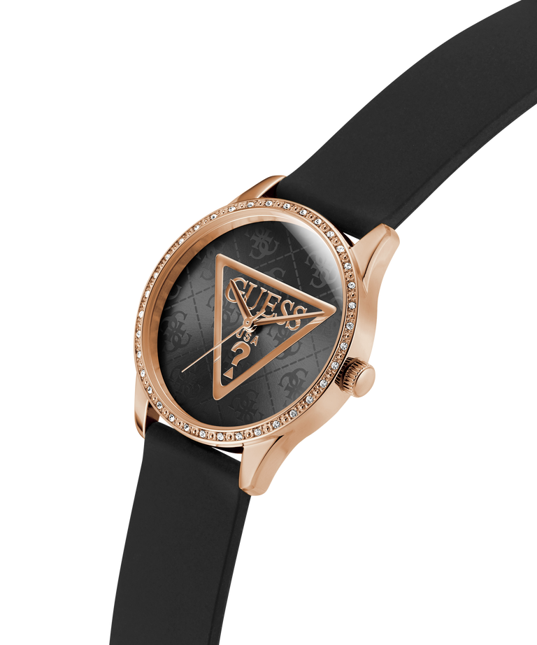 GUESS Ladies Black Rose Gold Tone Analog Watch with black strap and rose gold case on a white background lifestyle