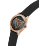 GUESS Ladies Black Rose Gold Tone Analog Watch with black strap and rose gold case on a white background lifestyle