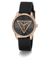 Guess watch with black strap and rose gold case on white background