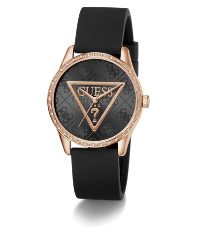 Guess watch with black strap and rose gold case on white background