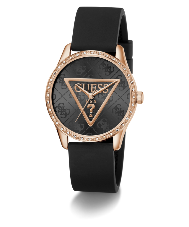 Guess watch with black strap and rose gold case on white background
