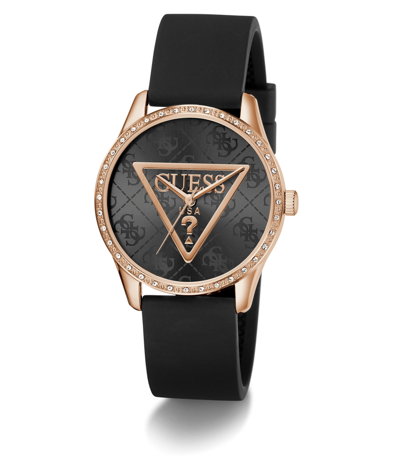 Guess watch with black strap and rose gold case on white background