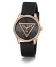 Guess watch with black strap and rose gold case on white background