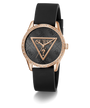 Guess watch with black strap and rose gold case on white background