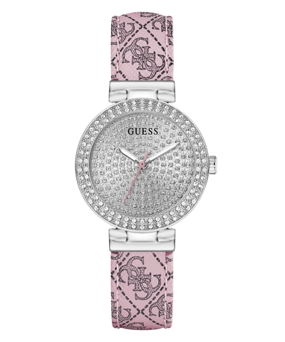 GUESS Ladies Pink Silver Tone Analog Watch with pink strap and silver case on a white background