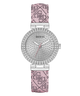 GUESS Ladies Pink Silver Tone Analog Watch with pink strap and silver case on a white background