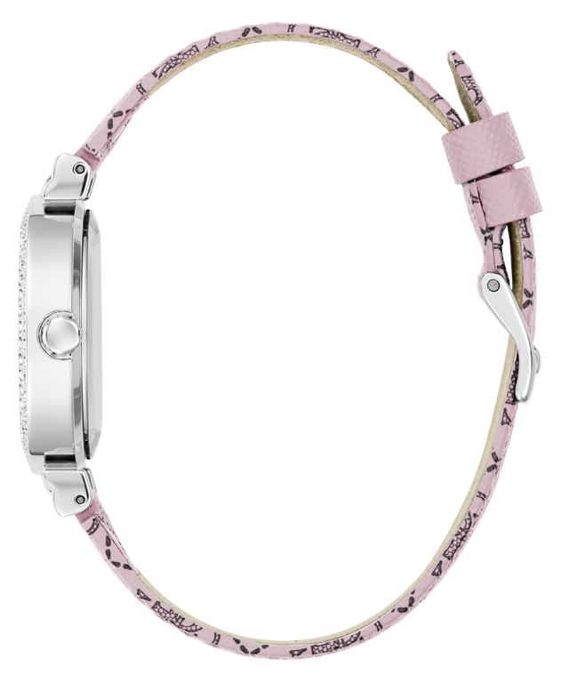 GUESS Ladies Pink Silver Tone Analog Watch with a pink strap on a white background