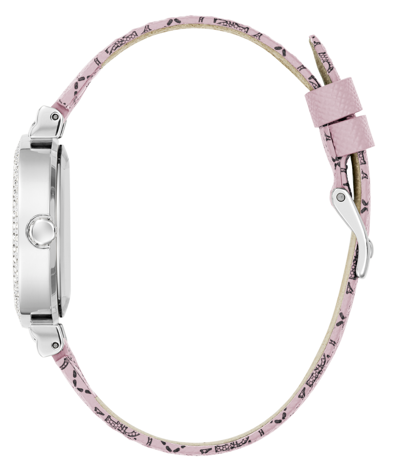 GUESS Ladies Pink Silver Tone Analog Watch with a pink strap on a white background