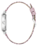 GUESS Ladies Pink Silver Tone Analog Watch with a pink strap on a white background