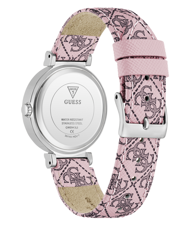 GUESS Ladies Pink Silver Tone Analog Watch with pink patterned strap on a white background