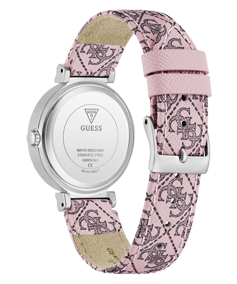 GUESS Ladies Pink Silver Tone Analog Watch with pink patterned strap on a white background