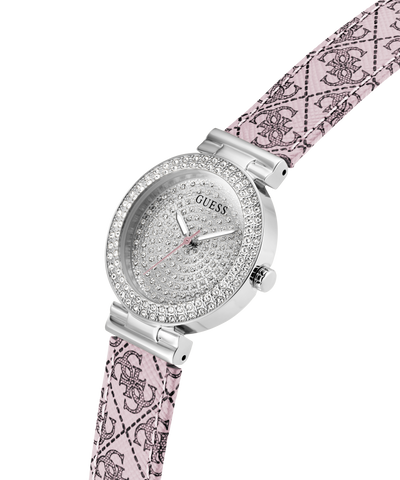 GUESS Ladies Pink Silver Tone Analog Watch with decorative pink strap and silver case on a white background lifestyle