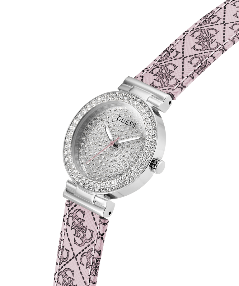 GUESS Ladies Pink Silver Tone Analog Watch with decorative pink strap and silver case on a white background lifestyle