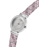 GUESS Ladies Pink Silver Tone Analog Watch with decorative pink strap and silver case on a white background lifestyle