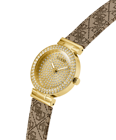 Gold watch with decorative strap on a white background lifestyle