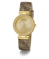 Gold watch with patterned strap on a white background