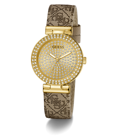 Gold watch with patterned strap on a white background