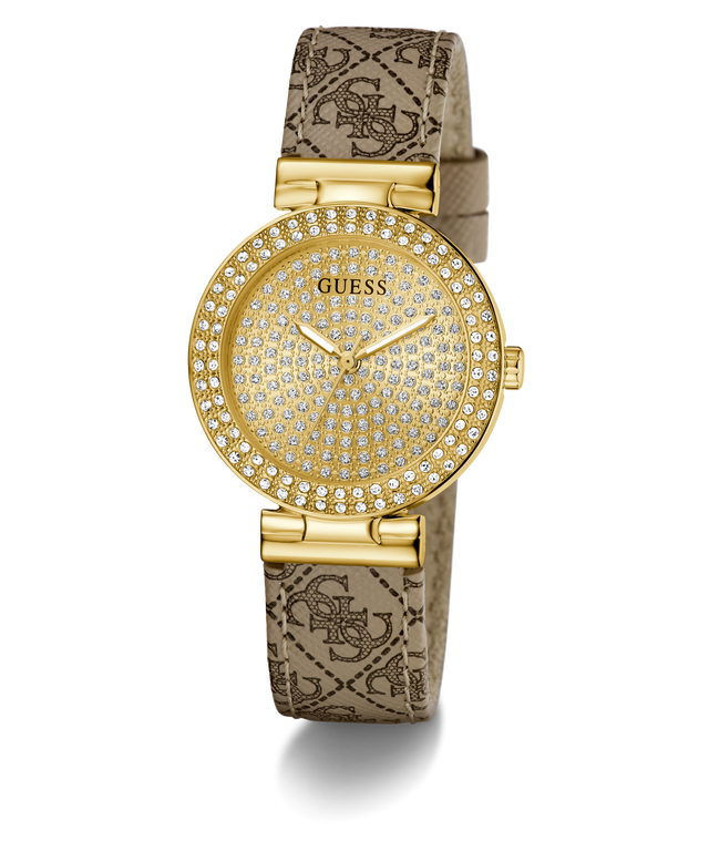 Gold watch with patterned strap on a white background