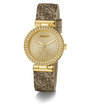 Gold watch with patterned strap on a white background