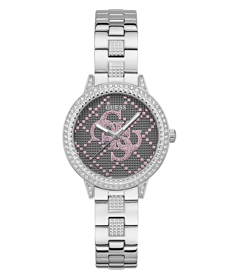 GUESS Ladies Silver Tone Analog Watch with a gray face featuring a pink logo on a white background