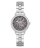 GUESS Ladies Silver Tone Analog Watch with a gray face featuring a pink logo on a white background