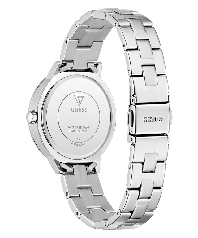 GUESS Ladies Silver Tone Analog Watch with a metal band on a white background