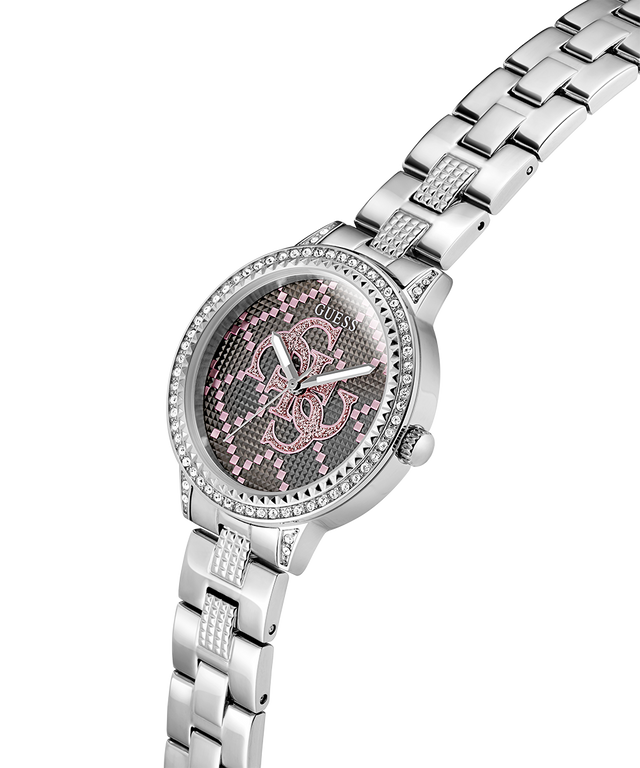 Silver watch with a pink and black face on a white background lifestyle
