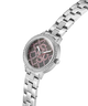 Silver watch with a pink and black face on a white background lifestyle