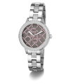 Silver watch with pink face and diamond-like accents on a white GUESS Ladies Silver Tone Analog Watch background