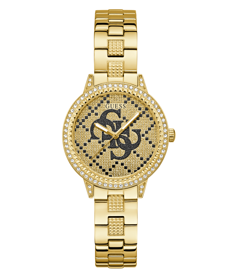 GUESS Ladies Gold Tone Analog Watch with brand logo on a white background