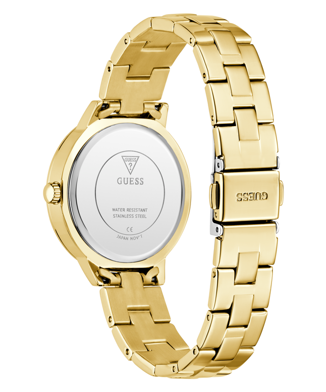 GUESS Ladies Gold Tone Analog Watch with a visible brand logo on a white background