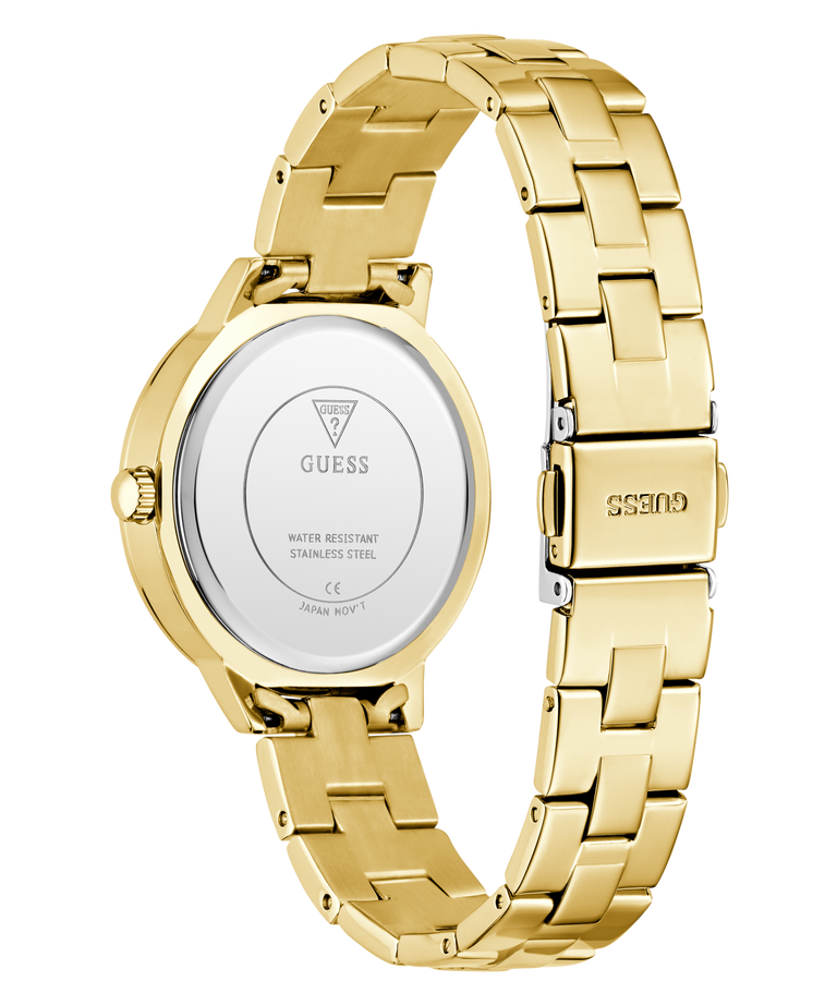 GUESS Ladies Gold Tone Analog Watch with a visible brand logo on a white background