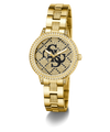GUESS Ladies Gold Tone Analog Watch with a brand logo on a white background