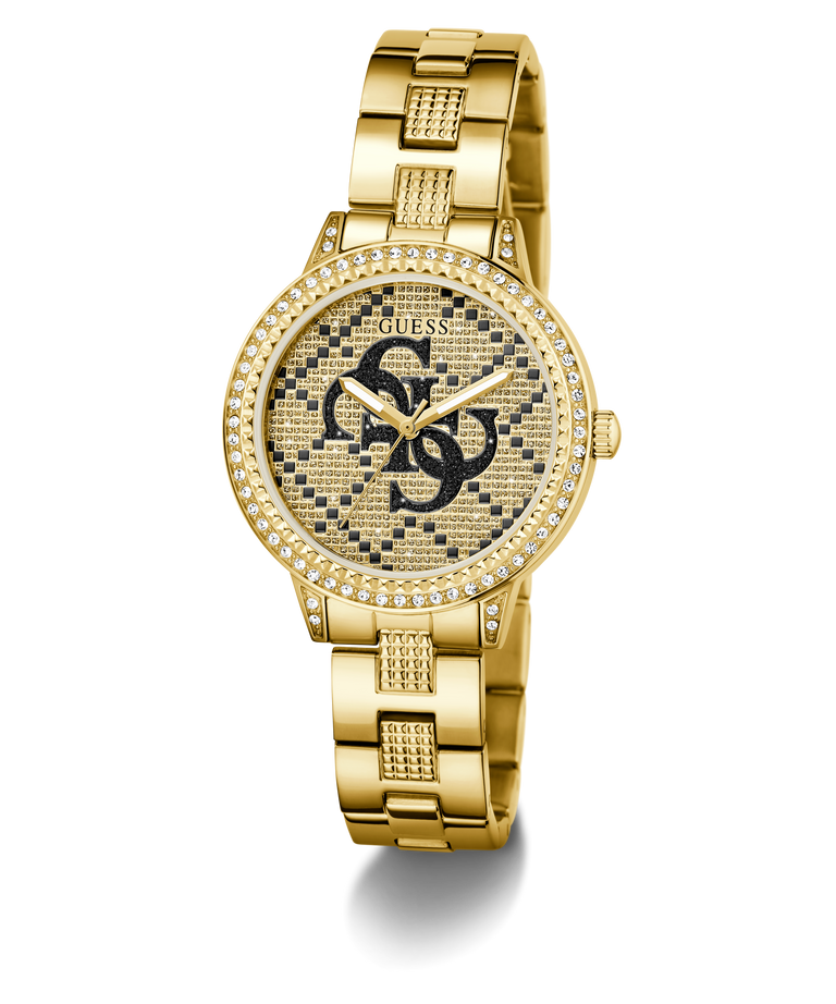 GUESS Ladies Gold Tone Analog Watch with a brand logo on a white background
