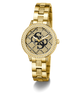 GUESS Ladies Gold Tone Analog Watch with a brand logo on a white background