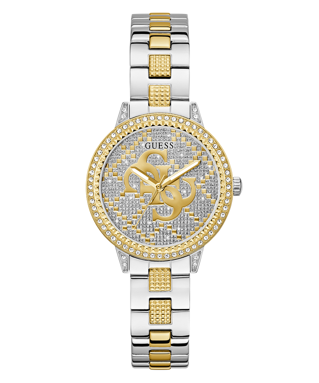 Two-tone watch with gold and silver design on a white background