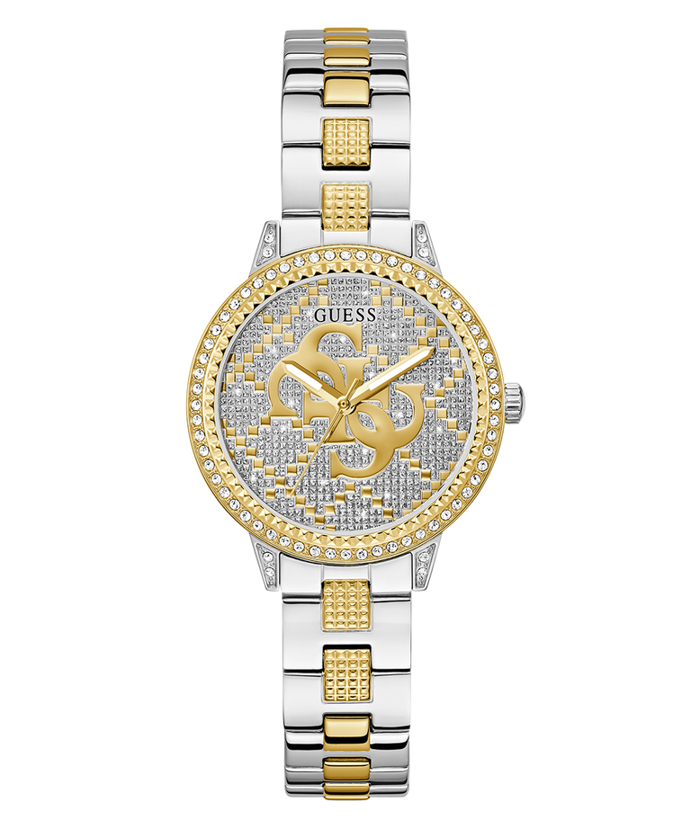 Two-tone watch with gold and silver design on a white background