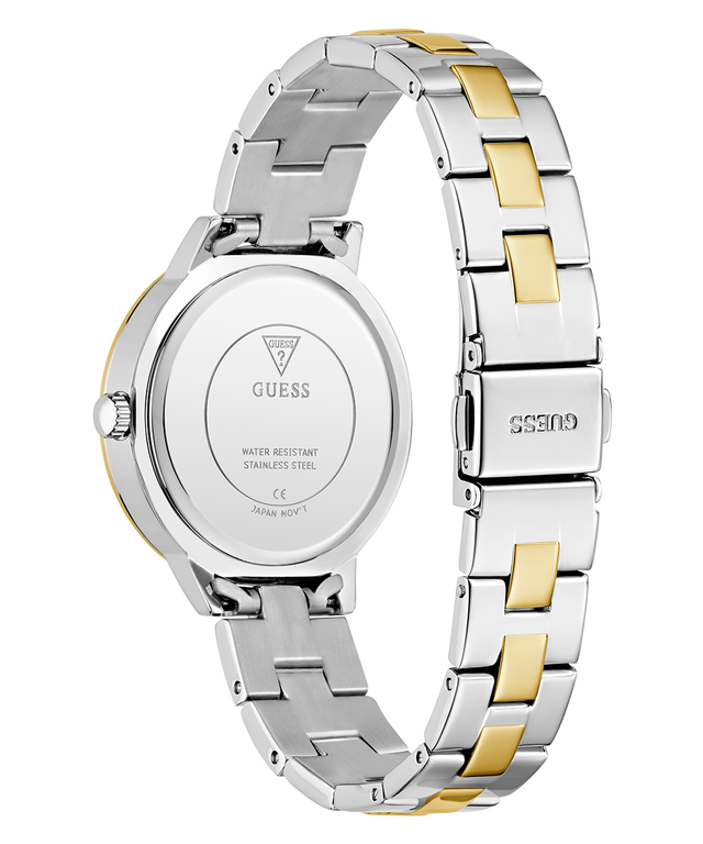 Two-tone silver and gold watch with Guess branding on a white background