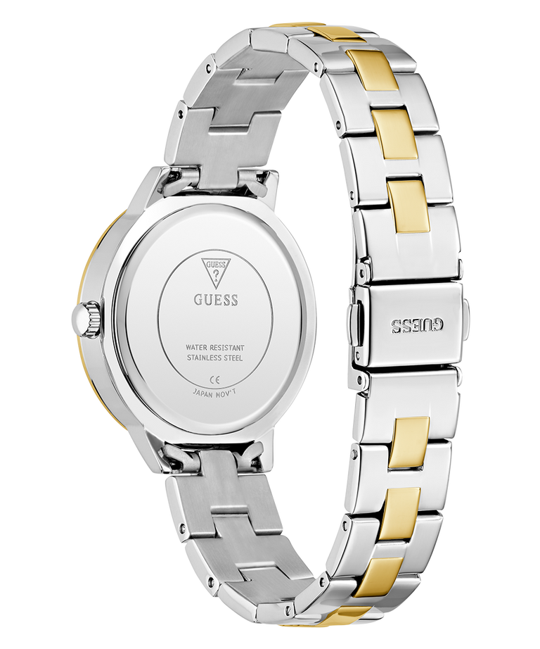 Two-tone silver and gold watch with Guess branding on a white background