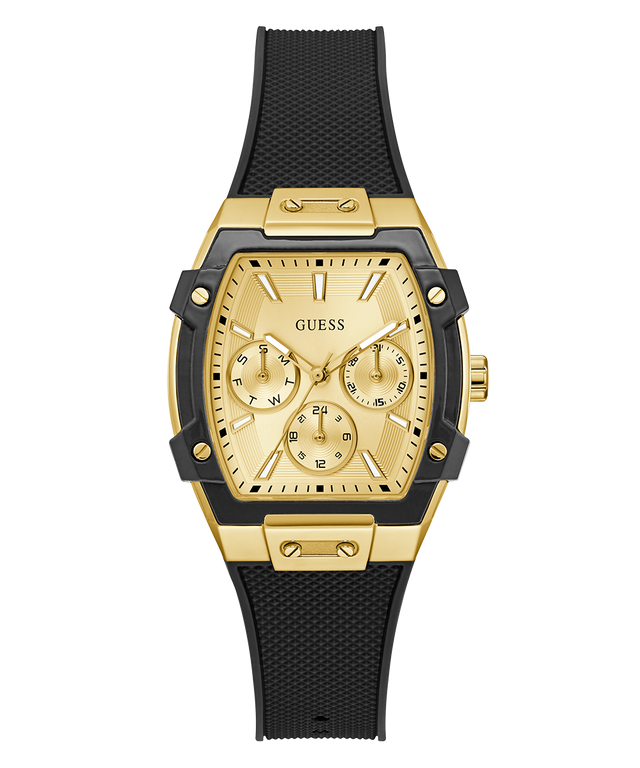 Gold and black watch with visible Guess logo on a white background GUESS Ladies Black Gold Tone Multi-function Watch GW0945L2