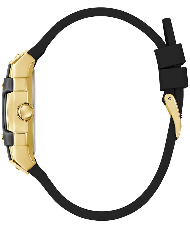 Gold watch case side view with black strap on a white background