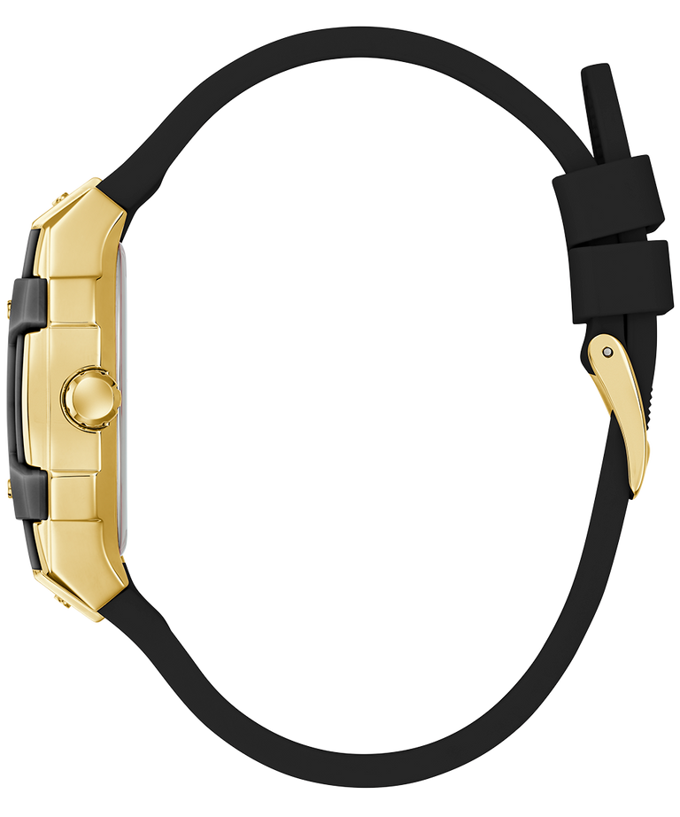 Gold watch case side view with black strap on a white background