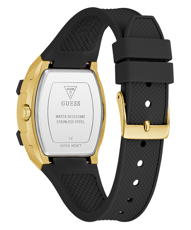 Guess watch with black strap and gold caseback on a white background