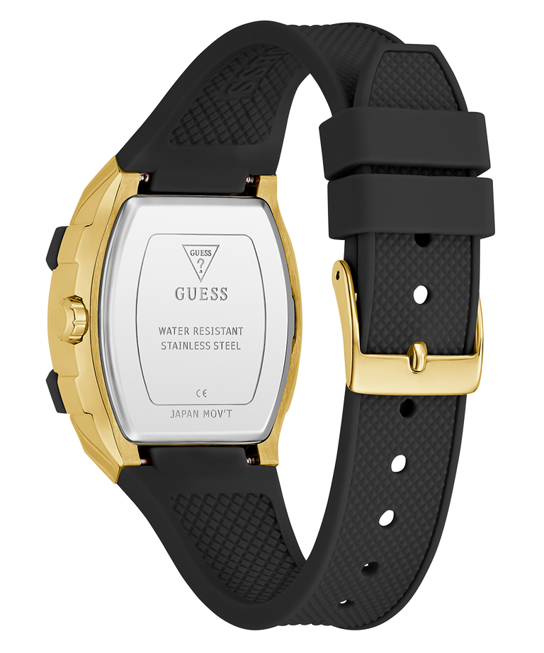 Guess watch with black strap and gold caseback on a white background