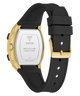 Guess watch with black strap and gold caseback on a white background