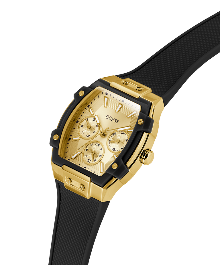 Gold and black watch with Guess branding on a white background GUESS Ladies Black Gold Tone Multi-function Watch GW0945L2 lifestyle